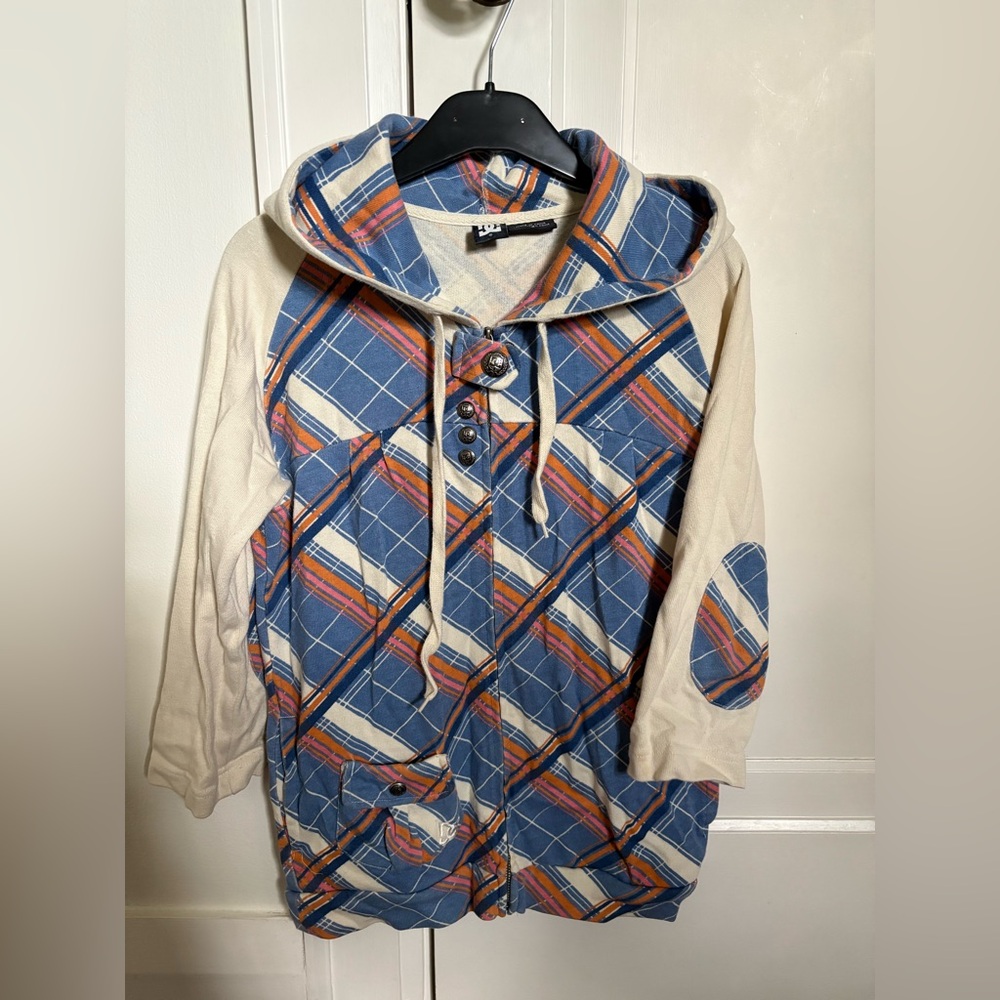 DC Blue and Orange Plaid Hoodie, size S